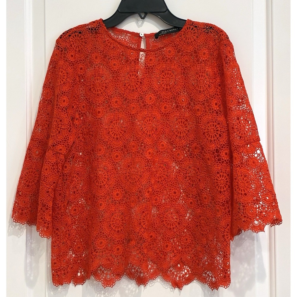 Zara Womens Crochet Lace Top S Red Scalloped Hem Office Siren Preppy Coquette